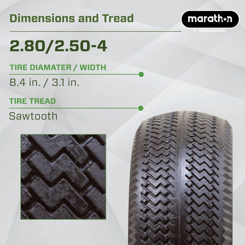 Marathon إطار وعجلة ماراثون 00026 خالية من الهواء 2.80/2.50-4، محور مركزي 3 بوصة، محامل كروية 1/2 بوصة، إطار بديل للعجلات، عربات الخدمة ومعدات أخرى، تركيب سهل - Image 3